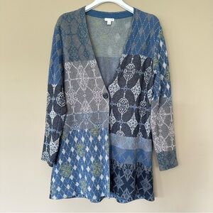 Jill Medium Blue Patchwork Argyle Cardigan Cotton-Wool Blend Long Line Fall